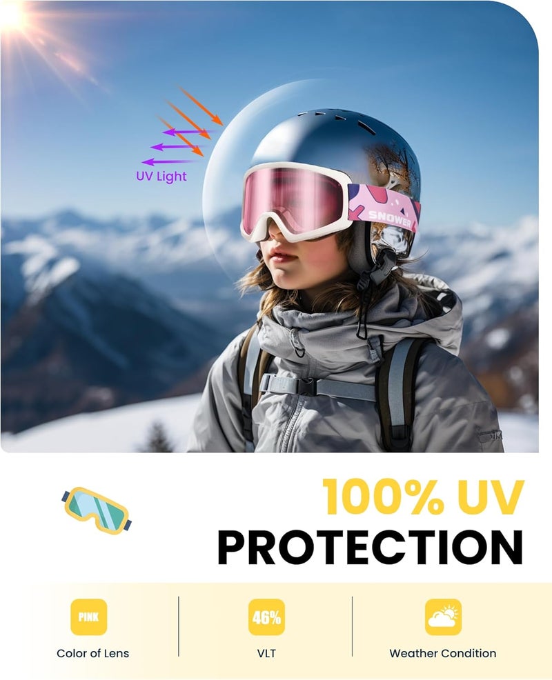 Snower Kids Ski Goggles, Anti-Fog Snow Goggles with OTG Design, 100% UV Protection, HD Lens for Kids Boys Girls - Image 2